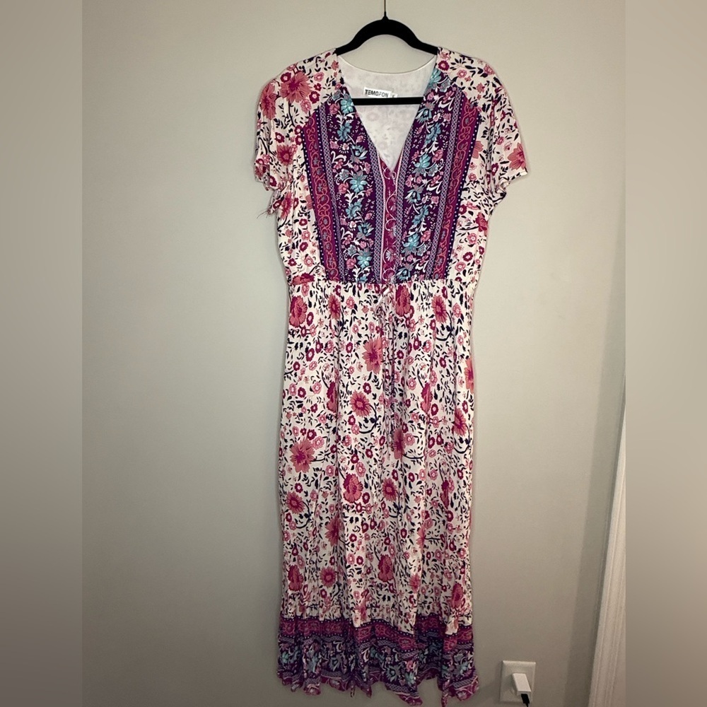 Boho Floral Maxi Dress Pink Purple Print Summer Festival Cottagecore Vintage